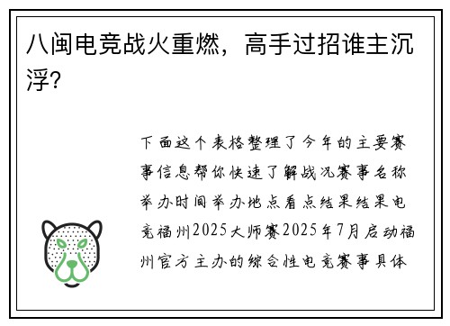 八闽电竞战火重燃，高手过招谁主沉浮？